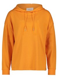 Oranžová mikina s kapucí z bavlněné směsi, vybavená stahovací kapucí, dlouhými rukávy a velkým tónovaným motivem na přední straně.