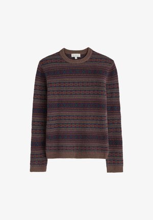 Knit sweater featuring a round neck, multicolored geometric patterns in dark tones, and ribbed cuffs and hem. Made of textured fabric.