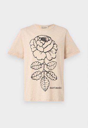 Bežna bombažna majica z značilnim črnim dizajnom vrtnice in lista, pod grafiko pa je napis "marimekko".