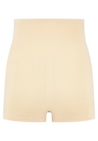 Shorts modellanti beige a vita alta realizzati in materiale liscio ed elastico; presentano righe verticali e un taglio arrotondato sul fondo.