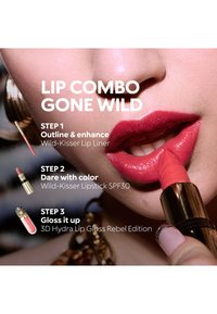 Close-up of lips applying pink lipstick with steps for lip liner, lipstick SPF30, and hydrating gloss shown alongside text instructions.