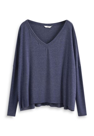 Pull bleu marine à manches longues avec col en V, coupe décontractée et ourlet légèrement arrondi, présenté sur fond blanc.