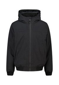 Schwarze Zip-Jacke mit Kapuze, ausgestattet mit einem glatten Außenmaterial, elastischen Bündchen, zwei Fronttaschen und einer strukturierten Passform.