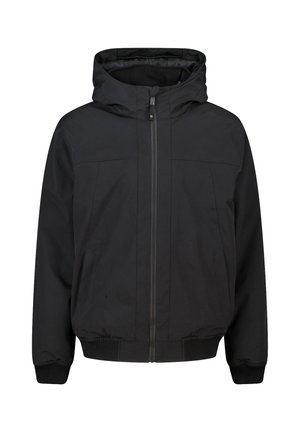 Zwarte zip-up jas met een capuchon, voorzien van een gladde buitenstof, elastische manchetten, twee voorzakken en een gestructureerde pasvorm.