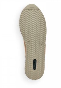 Semelle de chaussure en caoutchouc avec un motif texturé beige, présentant une semelle en zigzag et un logo noir intégré à la surface.