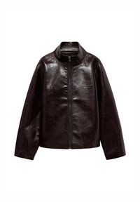 Brown faux leather jacket with a high collar, full zipper closure, and a smooth, glossy texture. Features relaxed fit and long sleeves.