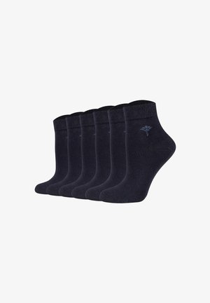 Calze alla caviglia in cotone blu navy, con una fascia a coste, punta senza cuciture e un piccolo logo sul lato. Set di sei paia.
