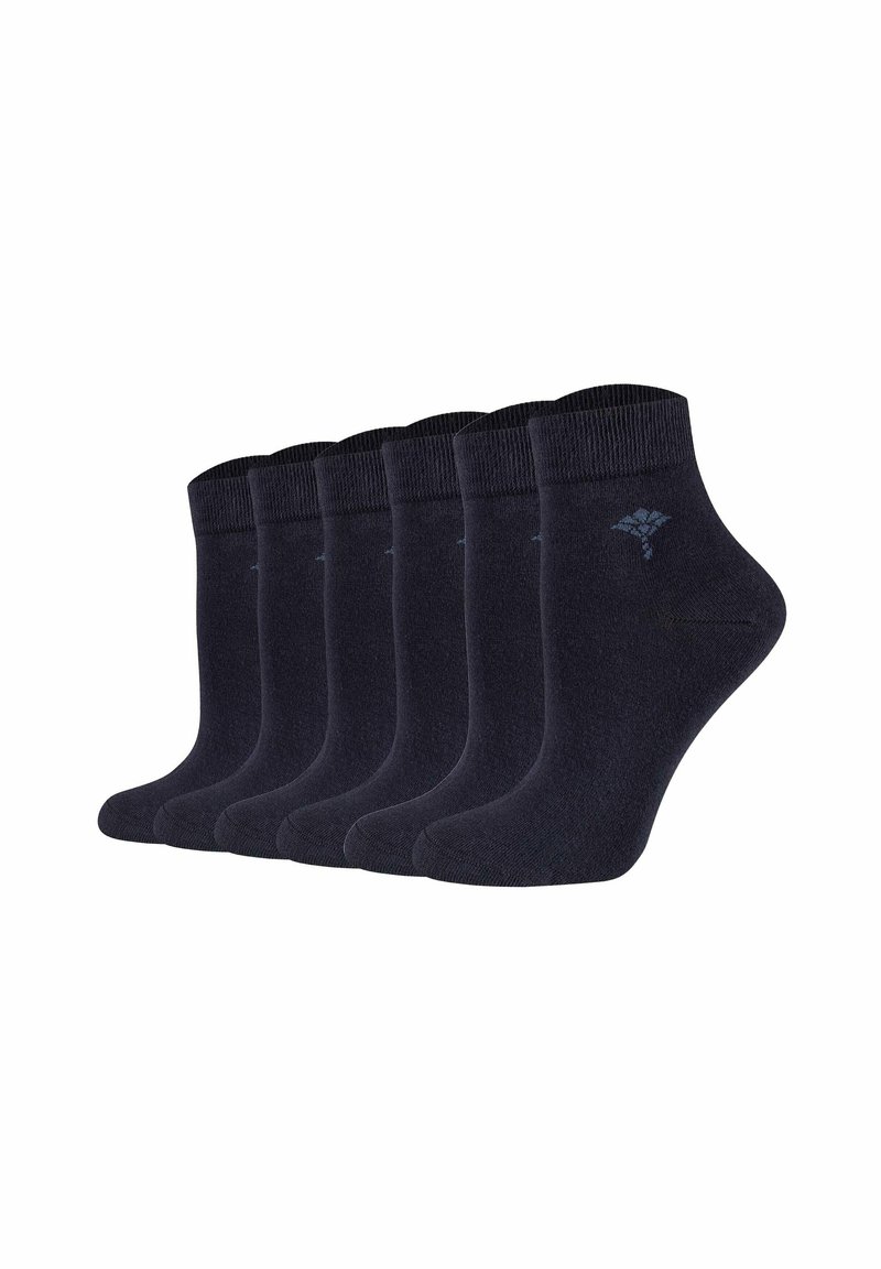 Calze alla caviglia in cotone blu navy, con una fascia a coste, punta senza cuciture e un piccolo logo sul lato. Set di sei paia.