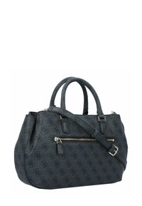 Sac à main texturé bleu foncé avec deux poignées supérieures, une bandoulière amovible et une poche zippée à l'avant. Décoré d'un motif en monogramme.