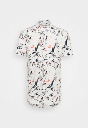 Lyhythihainen paita valkoisesta kankaasta, jossa värikäs kukkakuvio mustilla, oransseilla ja vihreillä yksityiskohdilla. Napillinen malli kauluksella.