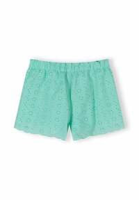 Shorts à taille élastique turquoise avec motif floral ajouré à œillets et ourlet festonné.