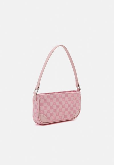 Pink handbag with a soft fabric body featuring a logo pattern, smooth leather trim, and a slim shoulder strap.