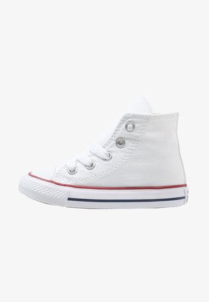 White canvas high-top sneaker with a rubber sole, silver eyelets, and red and navy accent stripes along the midsole. Laced front closure.