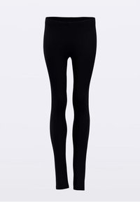 Crne tajice od rastezljivog materijala, s visokim pojasom, glatkom teksturom i priljubljenim dizajnom.