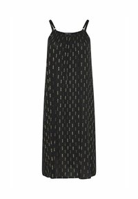 Robe longue noire sans manches avec fines bretelles, présentant un motif vertical à pois métalliques dorés et un col froncé.