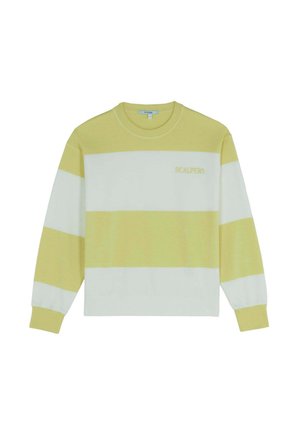 Gul- og hvidstribet sweater med lange ærmer og rund hals. Har "SCALPERS" logoet på brystet i matchende gult.