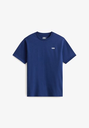Marineblaues T-Shirt mit kurzen Ärmeln aus Baumwolle. Verfügt über einen Rundhalsausschnitt und ein kleines weißes Vans-Logo auf der linken Brustseite.