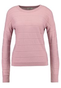 Maglione lungo a maniche lunghe rosa con una trama a coste e un motivo a righe orizzontali. Materiale in maglia morbido con scollatura a girocollo e polsini aderenti.