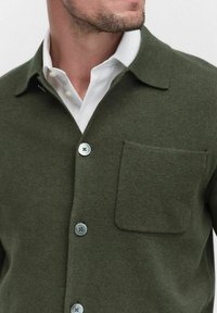 Olivgrön texturerad stickad cardigan med krage, framficka och fem ljusblå knappar, lager-på-lager över en vit skjorta.