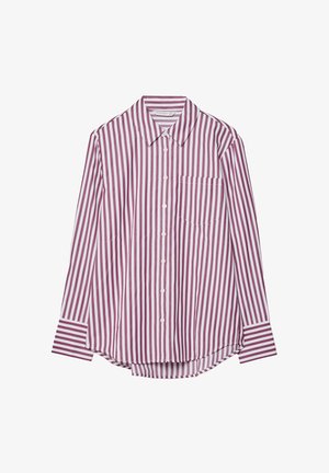 Koszula na długi rękaw zapinana na guziki, z bordowymi i białymi pionowymi paskami, kołnierzykiem, pojedynczą kieszenią na piersi i zaokrąglonym dołem.