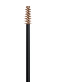 Brosse à sourcils avec une tête en fibres spiralées de couleur marron clair, attachée à un long manche noir lisse.