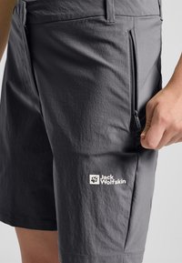 Graue Shorts aus leichtem Material, mit einer seitlichen Reißverschlusstasche und dem Jack Wolfskin-Logo am unteren Saum. Glatte Textur.