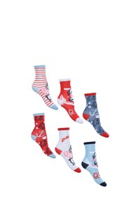 Set aus sechs Socken mit verschiedenen Mustern und Farben, darunter Rot, Blau und Weiß. Die Designs umfassen Tiere und maritime Themen.