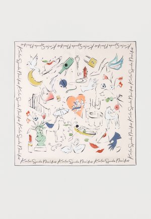 Szalik z kolorowymi rysunkami: Statua Wolności, serce z parą, szpilka, łabędź, koń, kwiaty, parasol, usta, klucz oraz napis "Kate Spade New York" na obramowaniu.