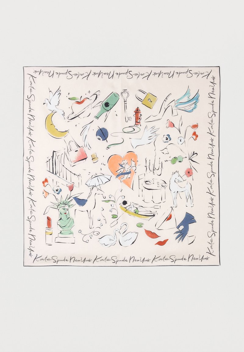 Κασκόλ με πολύχρωμα σχέδια: Άγαλμα της Ελευθερίας, καρδιά με ζευγάρι, ψηλή γόβα, κύκνος, άλογο, λουλούδια, ομπρέλα, χείλη, κλειδί και κείμενο "Kate Spade New York" στο περίγραμμα.