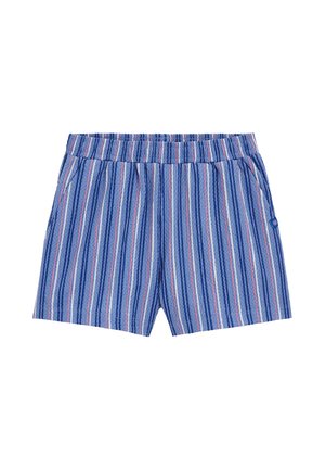 Pantaloncini di cotone blu con righe verticali bianche, rosa e rosse, vita elastica, tasche laterali e una piccola etichetta decorativa sul lato destro.