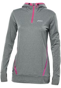 Sweat à capuche gris en tissu doux avec une demi-fermeture éclair à l'avant. Présente des accents roses près du cou et des poches, des manches longues et une coupe décontractée.