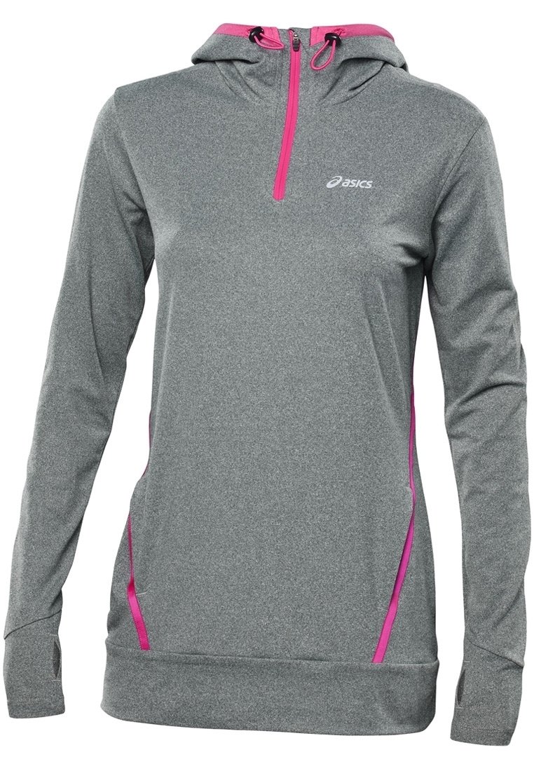 Sweat à capuche gris en tissu doux avec une demi-fermeture éclair à l'avant. Présente des accents roses près du cou et des poches, des manches longues et une coupe décontractée.