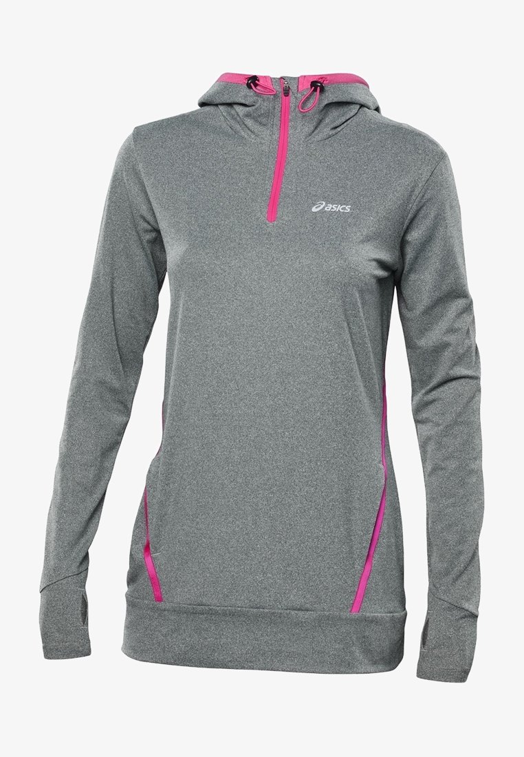 Gray hoodie made of soft fabric with a front half-zip. Features pink accents near the neck and pockets, long sleeves, and a relaxed fit.