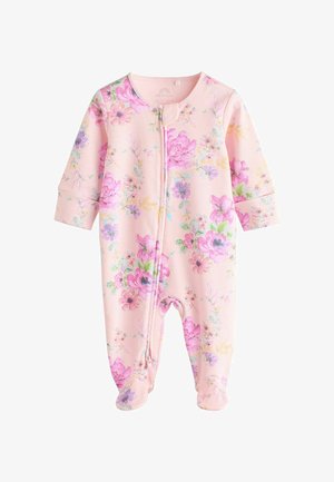 Roze bloemen romper met lange mouwen, voorzien van een volledige rits aan de voorkant, gemaakt van zacht katoen, en bedekt met een patroon van paarse en roze bloemen.