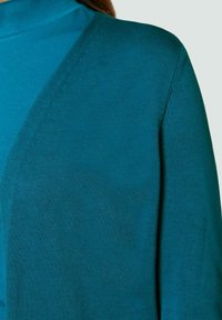 Türkiser Cardigan aus feinem Rippmaterial mit V-Ausschnitt und offenem Design, das dezente Nähtdetails an den Kanten aufweist.