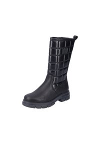 Svarta knähöga stövlar i mjukt läder, med en kviltad lackpanel, rund tå och texturerad sula för bra grepp. Dragkedja bak.