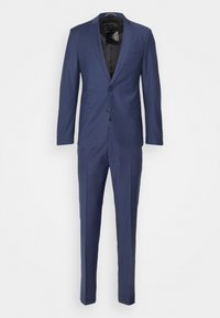 Navy blue suit with a single-breasted blazer and flat-front trousers. Features a smooth texture, notched lapels, and two-button closure.