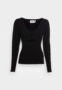 Pull long à manches longues noir à côtes avec un col en V et une découpe en trou de serrure à l'avant. Présente un design ajusté et des manches fines.