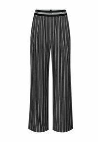 Black and gray striped wide-leg pants with a comfortable elastic waistband. Features vertical stripes for a sleek, tailored appearance.