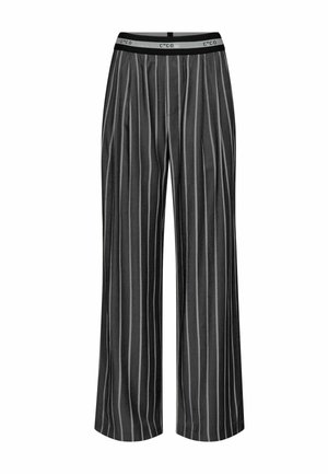 Black and gray striped wide-leg pants with a comfortable elastic waistband. Features vertical stripes for a sleek, tailored appearance.