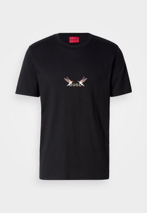 Black cotton t-shirt featuring a front graphic with the word "HUGO" and two stylized bird designs in light and dark colors.