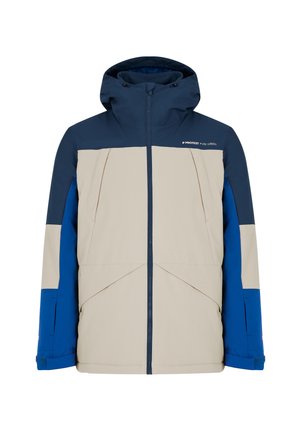 Beige en blauwe voorritsjack met capuchon, met een kleurblokontwerp, hoekige naden en logo op de bovenborst.