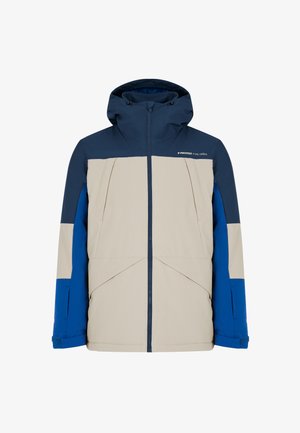 Beige en blauwe voorritsjack met capuchon, met een kleurblokontwerp, hoekige naden en logo op de bovenborst.