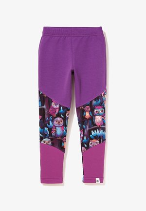 Fioletowe legginsy z kolorowym wzorem sowy na dolnych bokach, o gładkiej fakturze i elastycznym pasie.