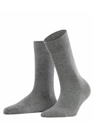Graue Baumwollsocken mit einem gerippten Design, mittlere Schafthöhe und glatter Textur. Keine auffälligen Muster oder Hardwaredetails.