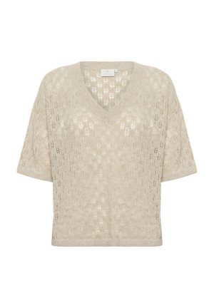 Šviesiai bespalvis, V formos kaklo, trumpų rankovių megztinis su tekstūruota, atvira mezgimo struktūra. Yra tiesus apvadas ir laisvas siluetas.