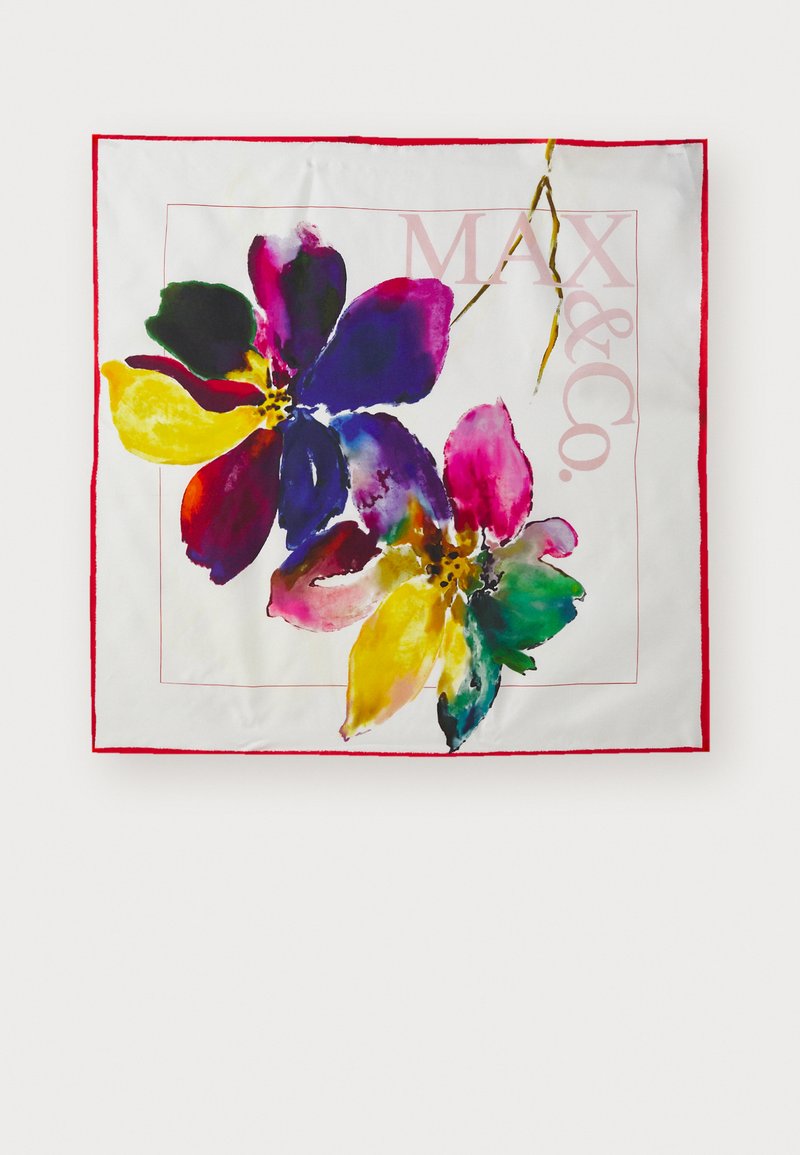 Sciarpa di seta con vivaci disegni floreali ad acquerello in viola, giallo, rosa e verde, bordata con un orlo rosso e la scritta "MAX & Co.".