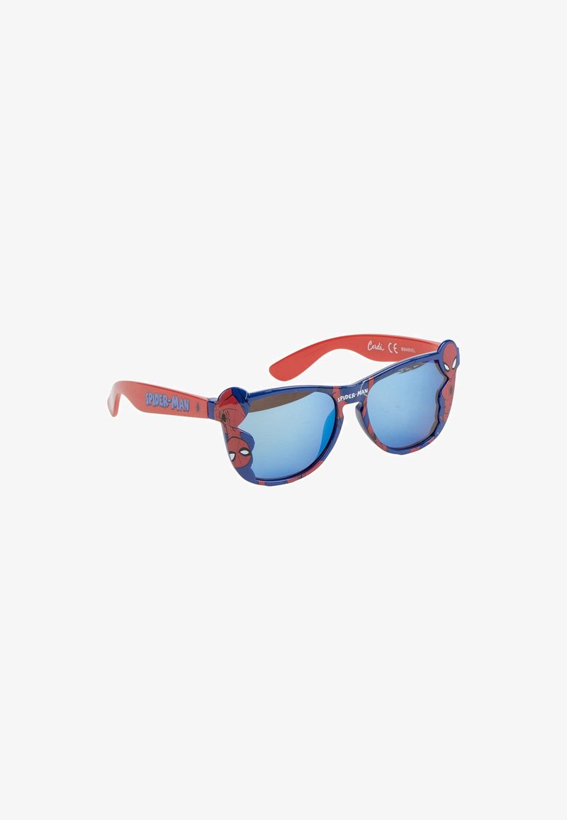 Lunettes de soleil sur le thème de Spider-Man avec des branches rouges, des montures bleues et des verres miroités bleus, présentant des graphiques de Spider-Man sur les côtés.
