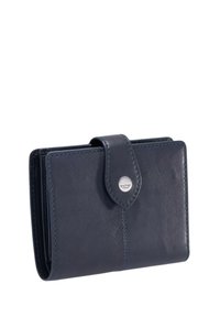 Donkerblauwe leren portemonnee met een druksluiting, voorzien van een gladde textuur, zichtbare stiksels en een klein metalen logo-accent.