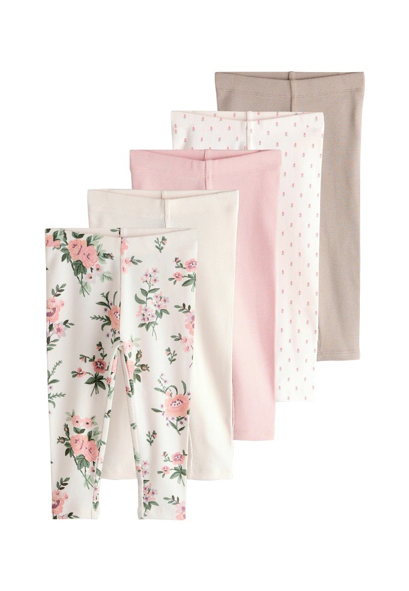 Set med sex leggings med blommönster, enfärgat rosa, off-white och beige färger med ribbad textur och prickiga detaljer.